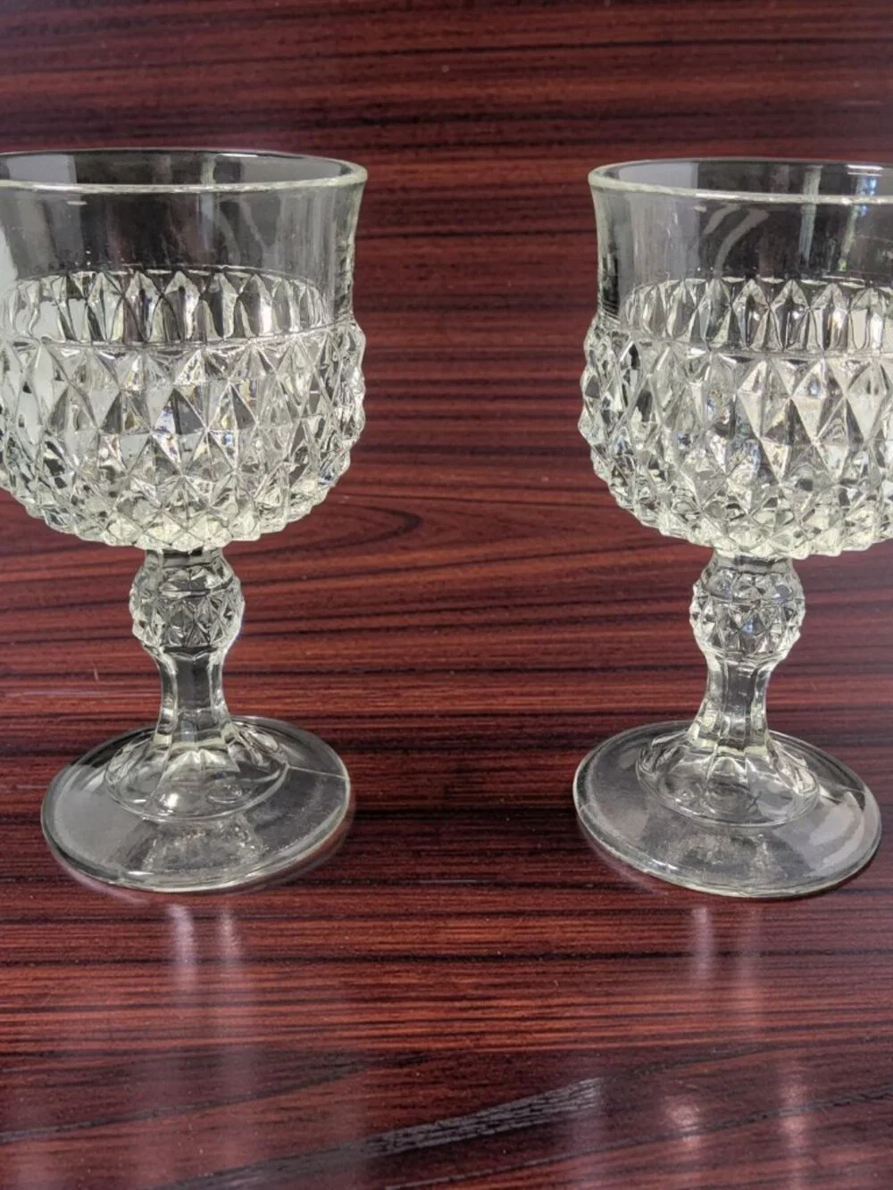 Vintage Set of 2 1960's Indiana Glass Diamond Point Clear Pedestal Wine Goblet.